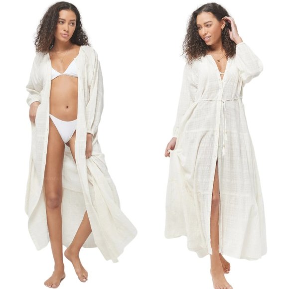 L*Space Button Up Duster Maxi Dress Semi-Sheer Beach Cover Up in Cream Plaid - Picture 1 of 7